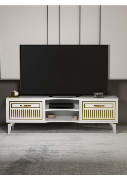 Tv Sehpası Tv Ünitesi Vera Beyaz Gold Çizgili 5052 fiyatları