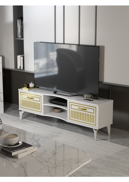 Tv Sehpası Tv Ünitesi Vera Beyaz Gold Çizgili 5052 indirimleri