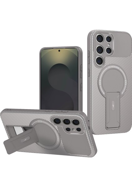 Samsung Galaxy S22 Ultra Manyetik Karbon Fiber Tasarım Tpu Hibrit Telefon Kılıfı ve Standı Gri (Yurt Dışından)