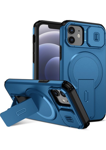 iPhone 12/iphone 12 Pro Için Manyetik Kılıf, Kayar Kamera Korumalı Çift Katmanlı Darbeye Dayanıklı Telefon Kılıfı, Ayarlanabilir Stand, Mavi (Yurt Dışından)