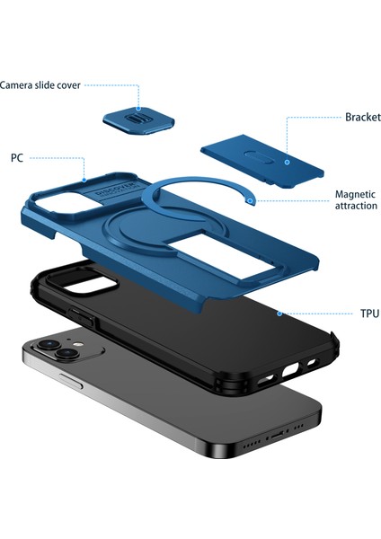 iPhone 12/iphone 12 Pro Için Manyetik Kılıf, Kayar Kamera Korumalı Çift Katmanlı Darbeye Dayanıklı Telefon Kılıfı, Ayarlanabilir Stand, Mavi (Yurt Dışından) fiyatları