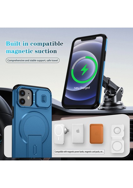iPhone 12/iphone 12 Pro Için Manyetik Kılıf, Kayar Kamera Korumalı Çift Katmanlı Darbeye Dayanıklı Telefon Kılıfı, Ayarlanabilir Stand, Mavi (Yurt Dışından) modelleri
