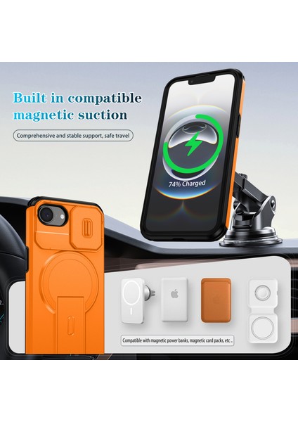 iPhone 16E Için Manyetik Kılıf, Kayar Kamera Korumalı Çift Katmanlı Darbeye Dayanıklı Telefon Kılıfı, Ayarlanabilir Stand, Turuncu (Yurt Dışından) modelleri