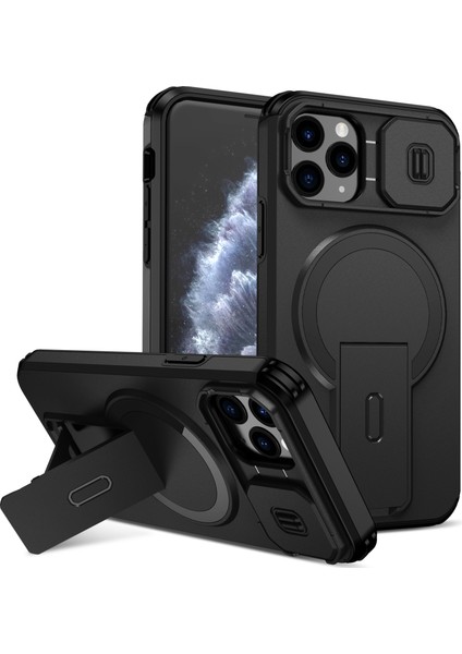 iPhone 11 Pro Için Manyetik Kılıf, Kayar Kamera Korumalı Çift Katmanlı Darbeye Dayanıklı Telefon Kılıfı, Ayarlanabilir Stand, Siyah (Yurt Dışından)