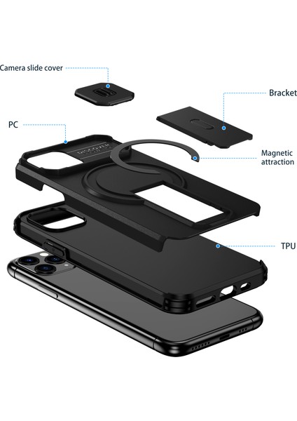 iPhone 11 Pro Için Manyetik Kılıf, Kayar Kamera Korumalı Çift Katmanlı Darbeye Dayanıklı Telefon Kılıfı, Ayarlanabilir Stand, Siyah (Yurt Dışından) fiyatları