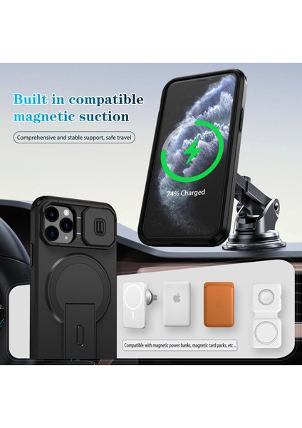 iPhone 11 Pro Için Manyetik Kılıf, Kayar Kamera Korumalı Çift Katmanlı Darbeye Dayanıklı Telefon Kılıfı, Ayarlanabilir Stand, Siyah (Yurt Dışından) modelleri