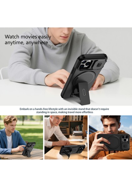 iPhone 11 Pro Için Manyetik Kılıf, Kayar Kamera Korumalı Çift Katmanlı Darbeye Dayanıklı Telefon Kılıfı, Ayarlanabilir Stand, Siyah (Yurt Dışından) indirimleri