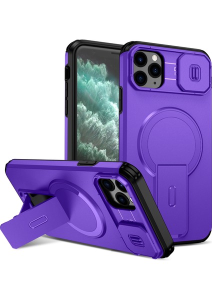 iPhone 11 Pro Max Için Manyetik Kılıf, Kayar Kamera Korumalı Çift Katmanlı Darbeye Dayanıklı Telefon Kılıfı, Ayarlanabilir Stand, Mor (Yurt Dışından)