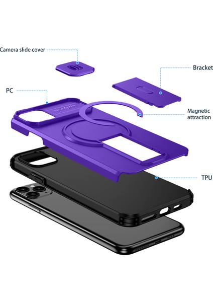 iPhone 11 Pro Max Için Manyetik Kılıf, Kayar Kamera Korumalı Çift Katmanlı Darbeye Dayanıklı Telefon Kılıfı, Ayarlanabilir Stand, Mor (Yurt Dışından) fiyatları