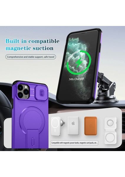 iPhone 11 Pro Max Için Manyetik Kılıf, Kayar Kamera Korumalı Çift Katmanlı Darbeye Dayanıklı Telefon Kılıfı, Ayarlanabilir Stand, Mor (Yurt Dışından) modelleri