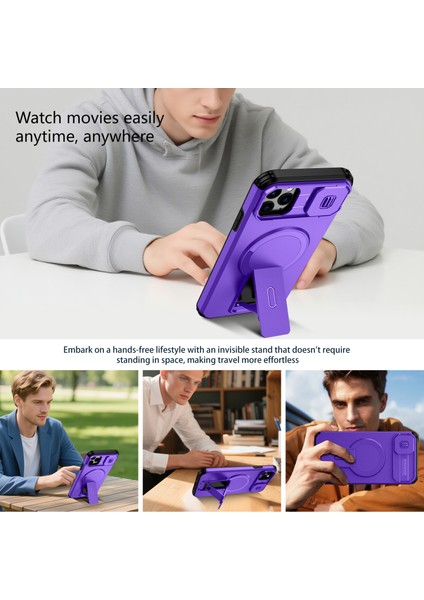 iPhone 11 Pro Max Için Manyetik Kılıf, Kayar Kamera Korumalı Çift Katmanlı Darbeye Dayanıklı Telefon Kılıfı, Ayarlanabilir Stand, Mor (Yurt Dışından) indirimleri