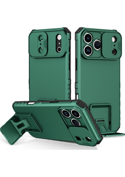 iPhone 17 Pro Için Çift Katmanlı Kılıf, Darbeye Dayanıklı, Kayar Kamera Korumalı Sağlam Standlı Koruyucu Kılıf, Yeşil (Yurt Dışından)
