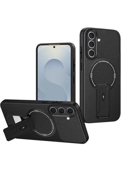 Samsung Galaxy S24+/S25+ Için Standlı Manyetik Karbon Fiber Tasarım Tpu Hibrit Telefon Kılıfı, Siyah (Yurt Dışından)
