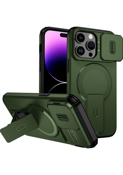 iPhone 14 Pro Max Için Manyetik Kılıf, Kayar Kamera Korumalı Çift Katmanlı Darbeye Dayanıklı Telefon Kılıfı, Ayarlanabilir Stand, Yeşil (Yurt Dışından)