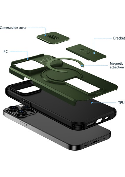 iPhone 14 Pro Max Için Manyetik Kılıf, Kayar Kamera Korumalı Çift Katmanlı Darbeye Dayanıklı Telefon Kılıfı, Ayarlanabilir Stand, Yeşil (Yurt Dışından) fiyatları