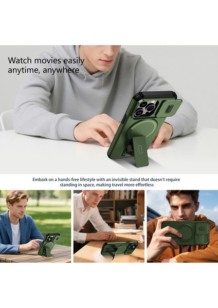 iPhone 14 Pro Max Için Manyetik Kılıf, Kayar Kamera Korumalı Çift Katmanlı Darbeye Dayanıklı Telefon Kılıfı, Ayarlanabilir Stand, Yeşil (Yurt Dışından) indirimleri