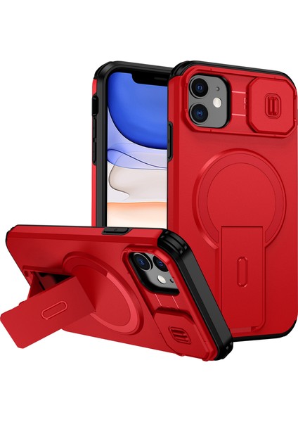 iPhone 11 Için Manyetik Kılıf, Kayar Kamera Korumalı Çift Katmanlı Darbeye Dayanıklı Telefon Kılıfı, Ayarlanabilir Stand, Kırmızı (Yurt Dışından)