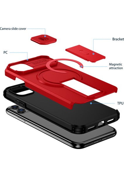 iPhone 11 Için Manyetik Kılıf, Kayar Kamera Korumalı Çift Katmanlı Darbeye Dayanıklı Telefon Kılıfı, Ayarlanabilir Stand, Kırmızı (Yurt Dışından) fiyatları