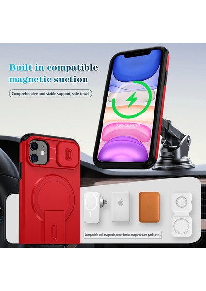 iPhone 11 Için Manyetik Kılıf, Kayar Kamera Korumalı Çift Katmanlı Darbeye Dayanıklı Telefon Kılıfı, Ayarlanabilir Stand, Kırmızı (Yurt Dışından) modelleri