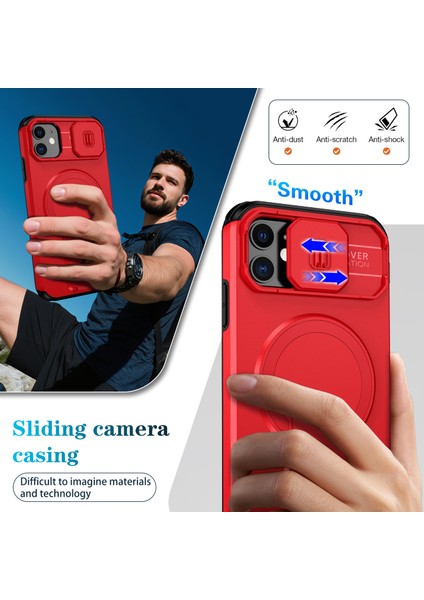 iPhone 11 Için Manyetik Kılıf, Kayar Kamera Korumalı Çift Katmanlı Darbeye Dayanıklı Telefon Kılıfı, Ayarlanabilir Stand, Kırmızı (Yurt Dışından) fırsatları