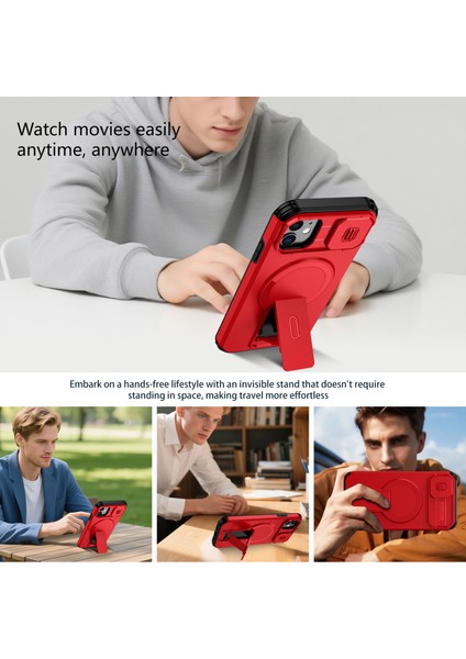 iPhone 11 Için Manyetik Kılıf, Kayar Kamera Korumalı Çift Katmanlı Darbeye Dayanıklı Telefon Kılıfı, Ayarlanabilir Stand, Kırmızı (Yurt Dışından) indirimleri