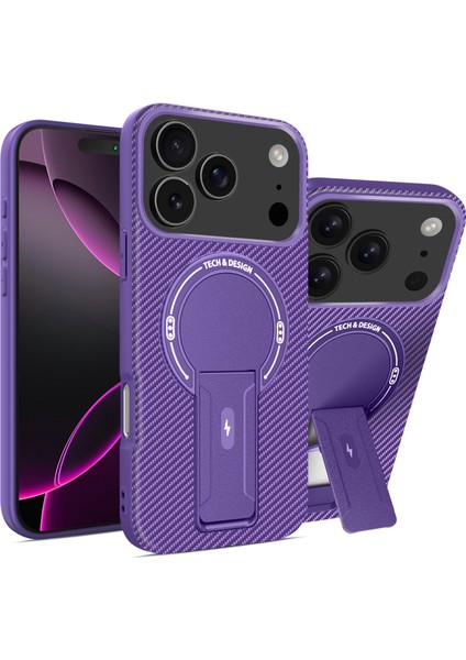 iPhone 17 Pro Max Için Manyetik Kılıf, Karbon Fiber Tasarım, Standlı Tpu Hibrit Telefon Kılıfı, Mor (Yurt Dışından)