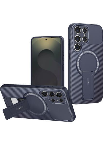 Samsung Galaxy S22 Ultra Manyetik Karbon Fiber Tasarım Tpu Hibrit Telefon Kılıfı ve Standı Mavi (Yurt Dışından)