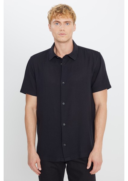 %100 Pamuk Relaxed Fit Geniş Kesim Kısa Kollu Siyah Gömlek