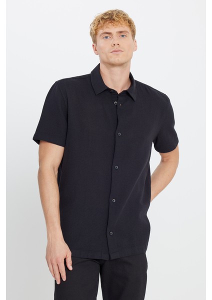 %100 Pamuk Relaxed Fit Geniş Kesim Kısa Kollu Siyah Gömlek fiyatları