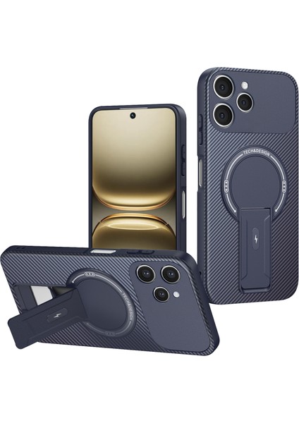 Tecno Spark 40 Için Manyetik Kılıf, Standlı Karbon Fiber Tasarımlı Tpu Hibrit Telefon Kılıfı, Mavi (Yurt Dışından)