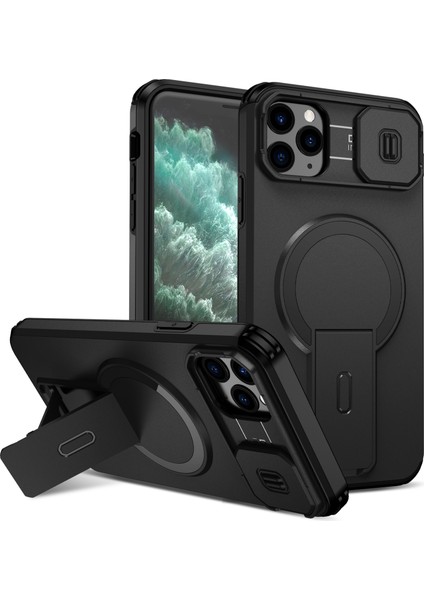 iPhone 11 Pro Max Için Manyetik Kılıf, Kayar Kamera Korumalı Çift Katmanlı Darbeye Dayanıklı Telefon Kılıfı, Ayarlanabilir Stand, Siyah (Yurt Dışından)