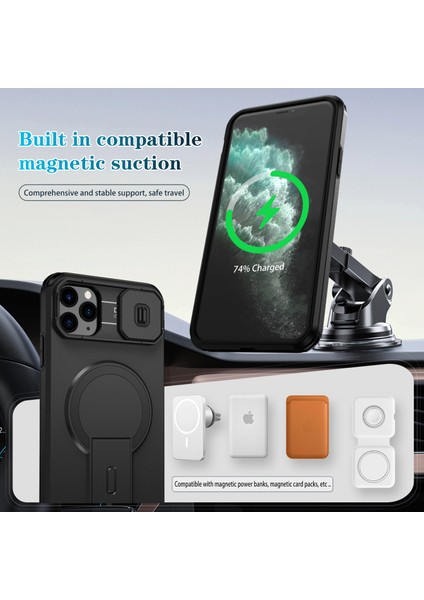 iPhone 11 Pro Max Için Manyetik Kılıf, Kayar Kamera Korumalı Çift Katmanlı Darbeye Dayanıklı Telefon Kılıfı, Ayarlanabilir Stand, Siyah (Yurt Dışından) modelleri