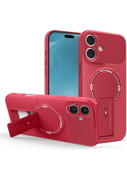 iPhone 16 Plus Için Manyetik Kılıf, Karbon Fiber Tasarım, Standlı Tpu Hibrit Telefon Kılıfı, Kırmızı (Yurt Dışından)