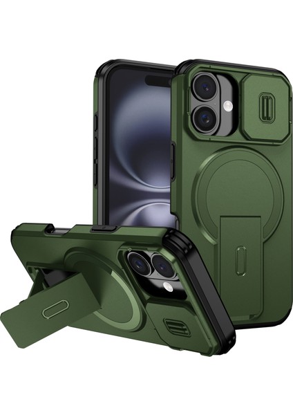 iPhone 16 Için Manyetik Kılıf, Kayar Kamera Korumalı Çift Katmanlı Darbeye Dayanıklı Telefon Kılıfı, Ayarlanabilir Stand, Yeşil (Yurt Dışından)