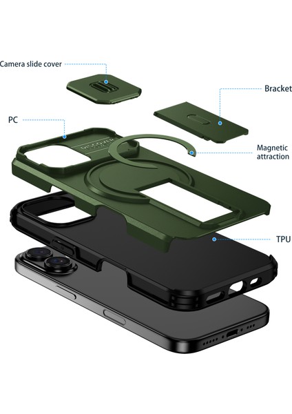 iPhone 16 Için Manyetik Kılıf, Kayar Kamera Korumalı Çift Katmanlı Darbeye Dayanıklı Telefon Kılıfı, Ayarlanabilir Stand, Yeşil (Yurt Dışından) fiyatları