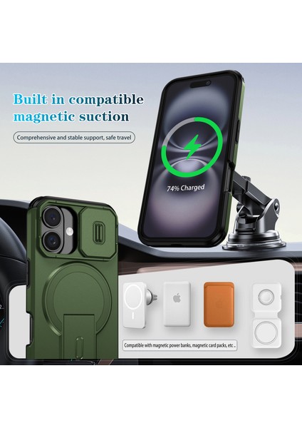 iPhone 16 Için Manyetik Kılıf, Kayar Kamera Korumalı Çift Katmanlı Darbeye Dayanıklı Telefon Kılıfı, Ayarlanabilir Stand, Yeşil (Yurt Dışından) modelleri