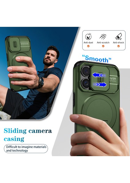 iPhone 16 Için Manyetik Kılıf, Kayar Kamera Korumalı Çift Katmanlı Darbeye Dayanıklı Telefon Kılıfı, Ayarlanabilir Stand, Yeşil (Yurt Dışından) fırsatları