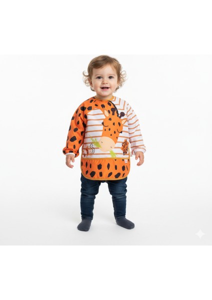 Bebek Uzun Kollu Su Geçirmez Önlük Zürafa Desenli Mama Önlüğü Kolay Temizlenebilir Beslenme Önlüğü