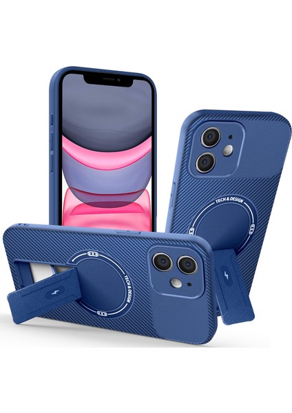 iPhone 12 Için Manyetik Kılıf, Karbon Fiber Tasarım, Standlı Tpu Hibrit Telefon Kılıfı, Mavi (Yurt Dışından)