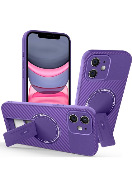 iPhone 11 Için Manyetik Kılıf, Karbon Fiber Tasarım, Standlı Tpu Hibrit Telefon Kılıfı, Mor (Yurt Dışından)