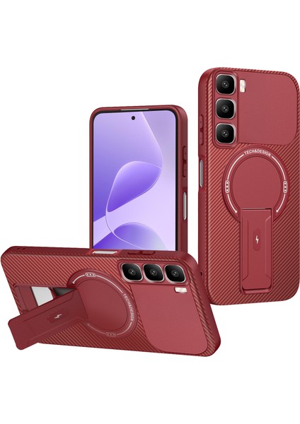 Infinix Hot 60/hot 60I 4g Için Manyetik Kılıf, Standlı Karbon Fiber Tasarımlı Tpu Hibrit Telefon Kılıfı, Kırmızı (Yurt Dışından)