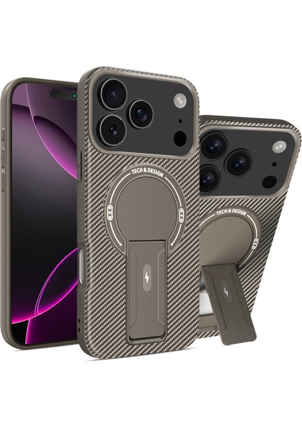 iPhone 17 Pro Max Için Manyetik Kılıf, Karbon Fiber Tasarım, Standlı Tpu Hibrit Telefon Kılıfı, Kahverengi (Yurt Dışından)