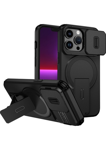 iPhone 13 Pro Için Manyetik Kılıf, Kayar Kamera Korumalı Çift Katmanlı Darbeye Dayanıklı Telefon Kılıfı, Ayarlanabilir Stand, Siyah (Yurt Dışından)