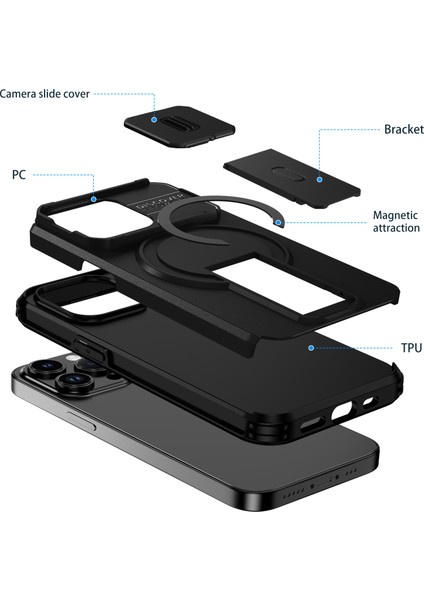 iPhone 13 Pro Için Manyetik Kılıf, Kayar Kamera Korumalı Çift Katmanlı Darbeye Dayanıklı Telefon Kılıfı, Ayarlanabilir Stand, Siyah (Yurt Dışından) fiyatları