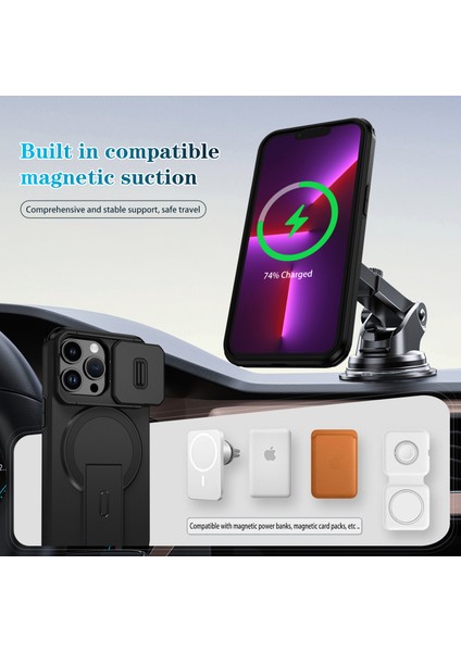 iPhone 13 Pro Için Manyetik Kılıf, Kayar Kamera Korumalı Çift Katmanlı Darbeye Dayanıklı Telefon Kılıfı, Ayarlanabilir Stand, Siyah (Yurt Dışından) modelleri