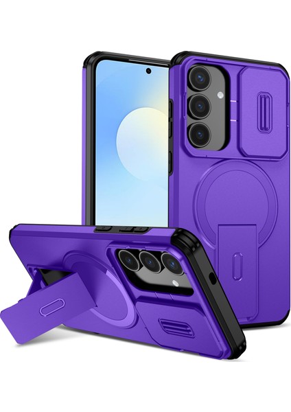 Samsung Galaxy S25 Fe Için Manyetik Kılıf, Kayar Kamera Korumalı Çift Katmanlı Darbeye Dayanıklı Telefon Kılıfı, Ayarlanabilir Stand, Mor (Yurt Dışından)