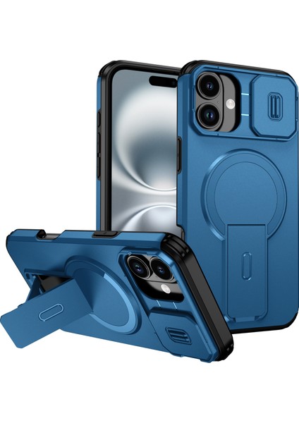 iPhone 16 Plus Için Manyetik Kılıf, Kayar Kamera Korumalı Çift Katmanlı Darbeye Dayanıklı Telefon Kılıfı, Ayarlanabilir Stand, Mavi (Yurt Dışından)