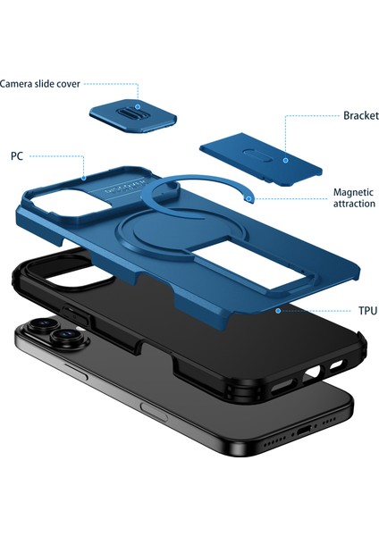iPhone 16 Plus Için Manyetik Kılıf, Kayar Kamera Korumalı Çift Katmanlı Darbeye Dayanıklı Telefon Kılıfı, Ayarlanabilir Stand, Mavi (Yurt Dışından) fiyatları