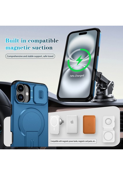 iPhone 16 Plus Için Manyetik Kılıf, Kayar Kamera Korumalı Çift Katmanlı Darbeye Dayanıklı Telefon Kılıfı, Ayarlanabilir Stand, Mavi (Yurt Dışından) modelleri