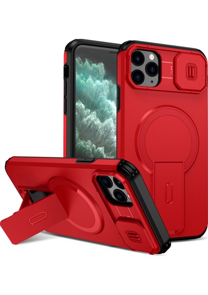 iPhone 11 Pro Max Için Manyetik Kılıf, Kayar Kamera Korumalı Çift Katmanlı Darbeye Dayanıklı Telefon Kılıfı, Ayarlanabilir Stand, Kırmızı (Yurt Dışından)